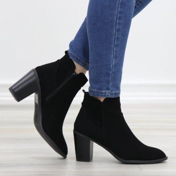 Black Perforated Design Ankle Heeled Boots - Picture 4 of 16